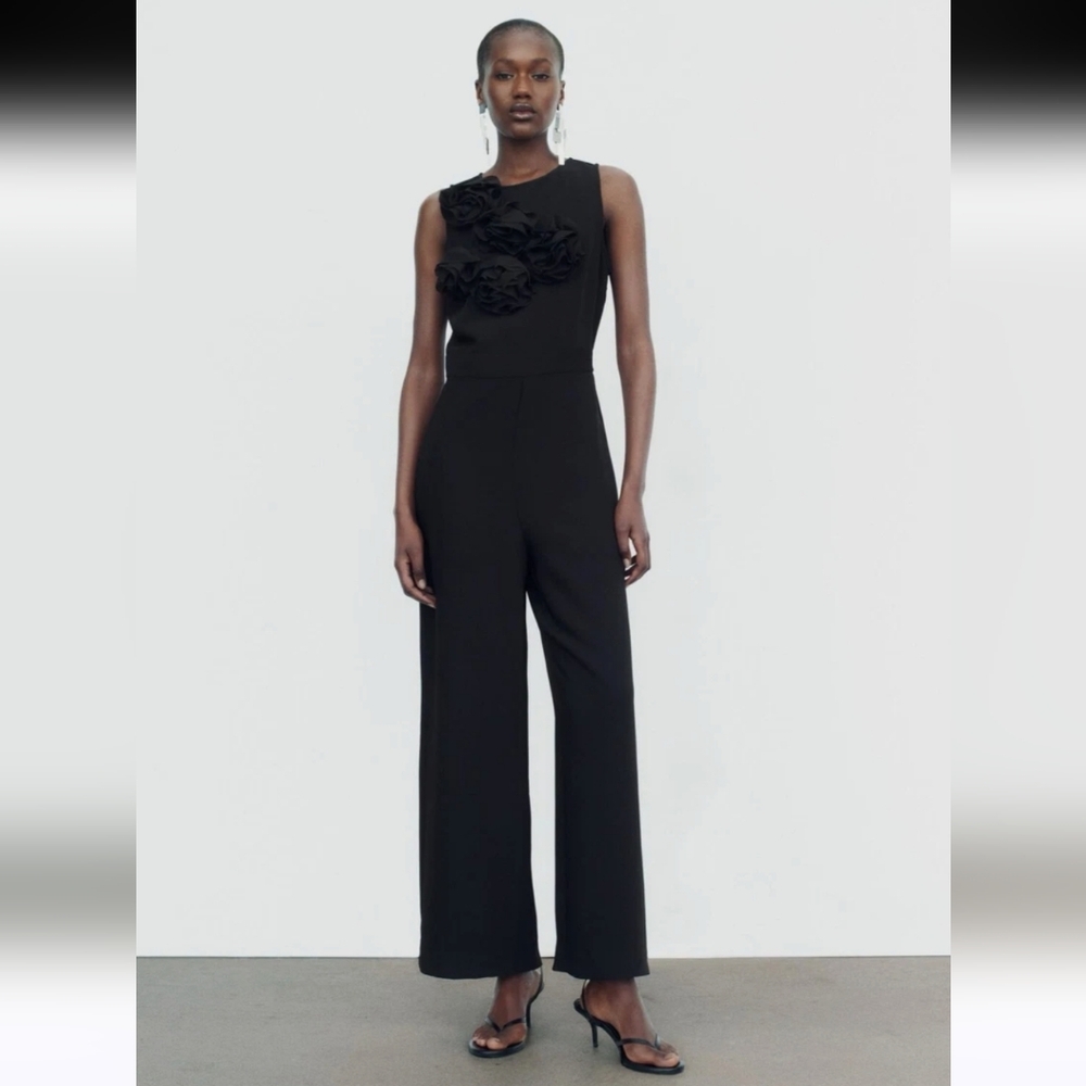 Zara Floral Textured Wide Leg Jumpsuit Black Size Medium (Bloggers Favorite)